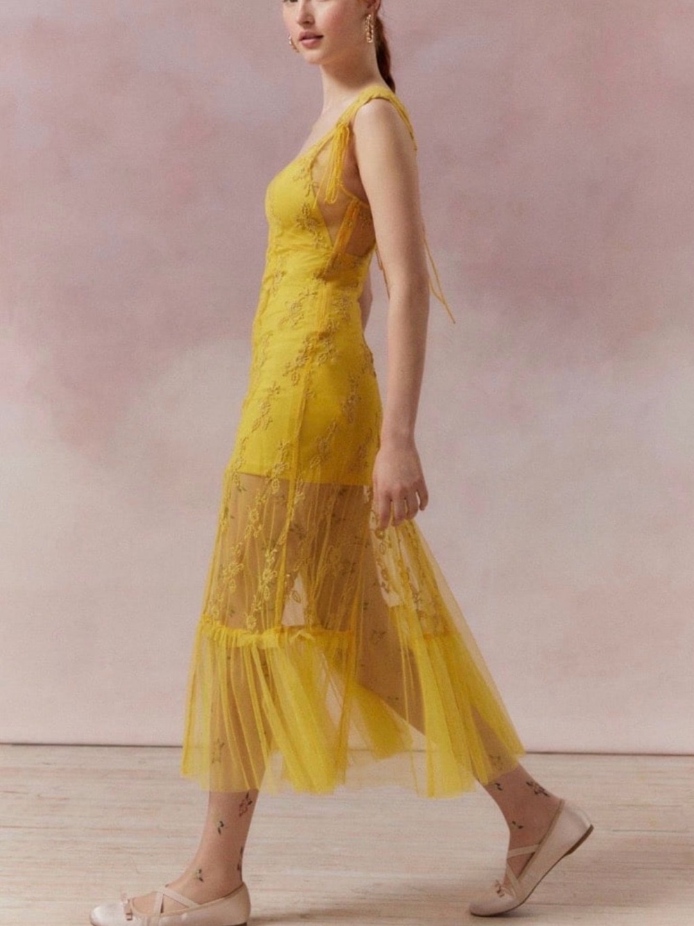 Urban Outfitters Yellow Lace Midi Dress
